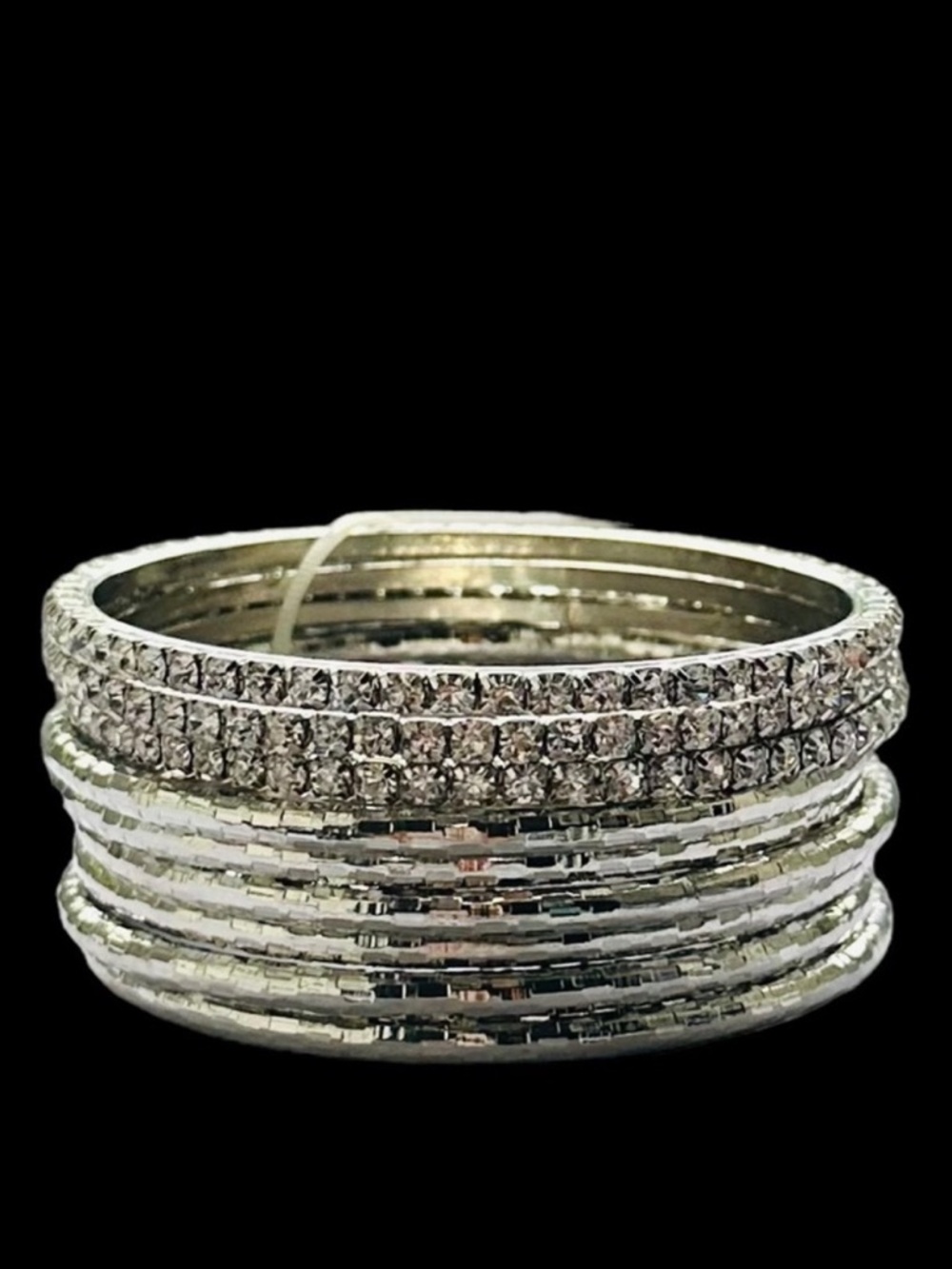 Set of 9 Bebe Silver and Rhinestone Stackable Bangle Bracelets - Picture 5 of 7